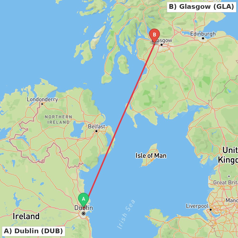 Flight route map from Dublin to Glasgow