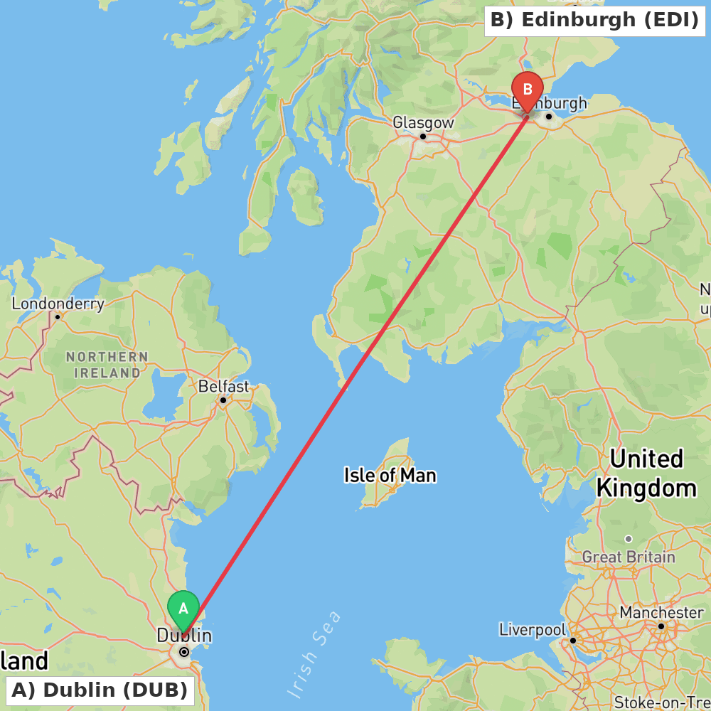 Flight route map from Dublin to Edinburgh
