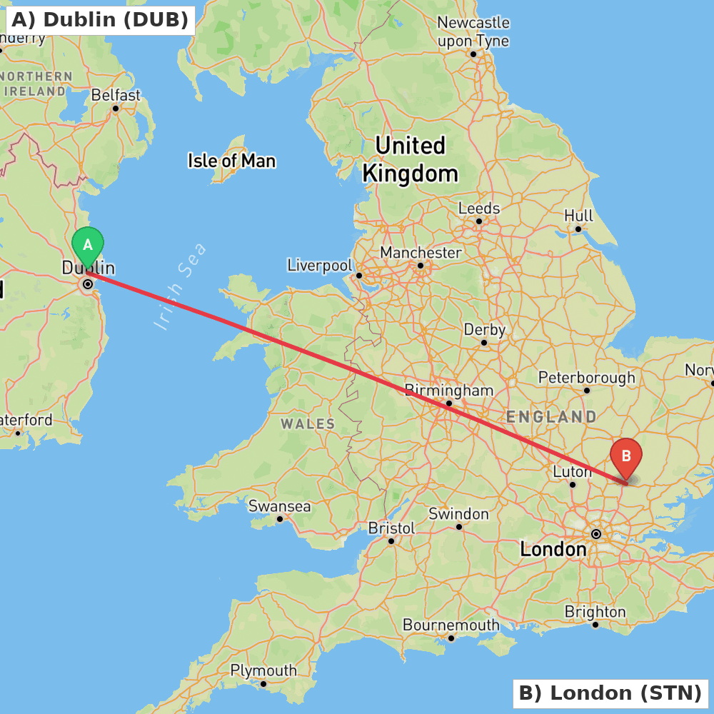 Flight route map from Dublin to London