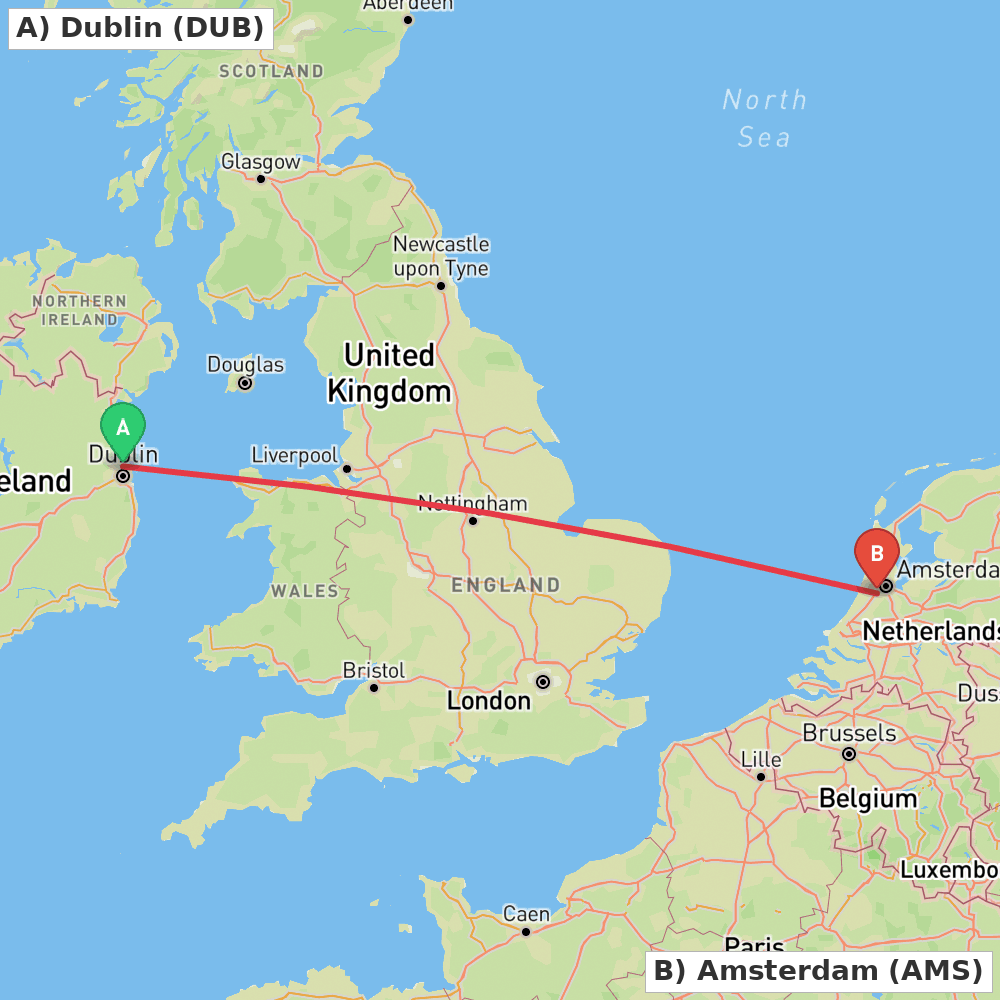 Flight route map from Dublin to Amsterdam