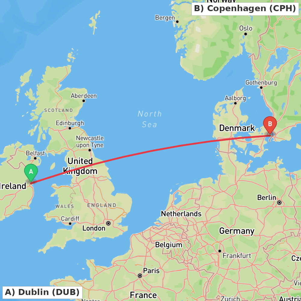Flight route map from Dublin to Copenhagen