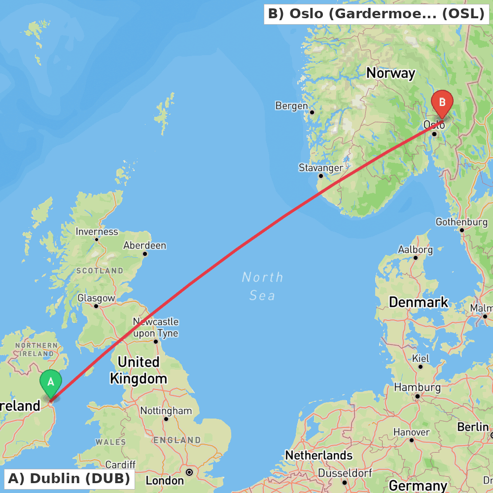 Flight route map from Dublin to Oslo (Gardermoen)
