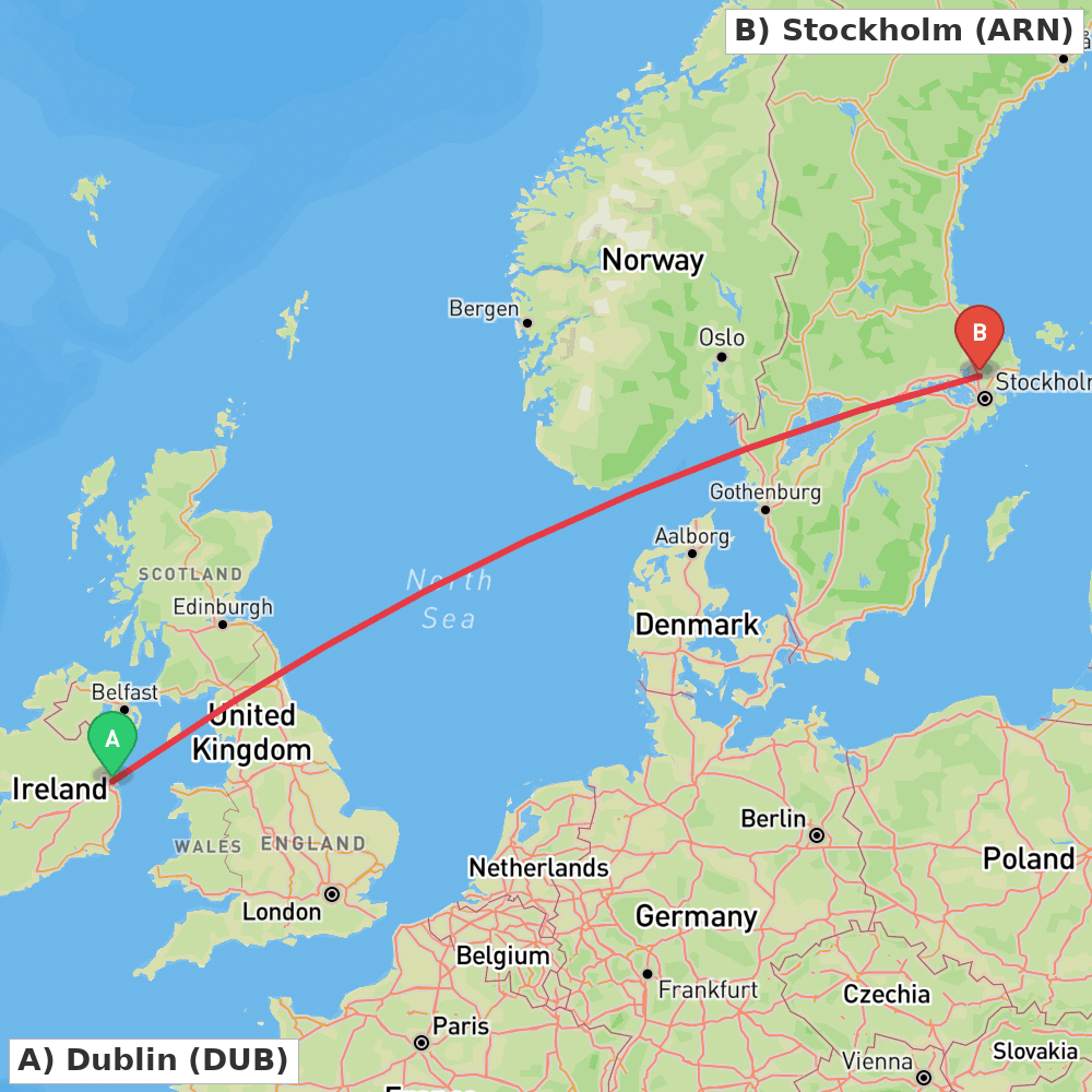 Flight route map from Dublin to Stockholm