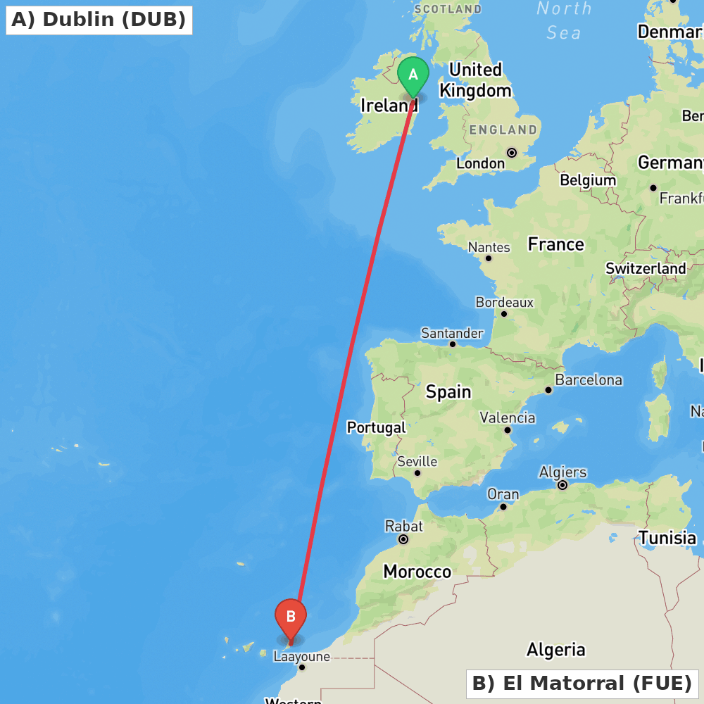 Flight route map from Dublin to El Matorral