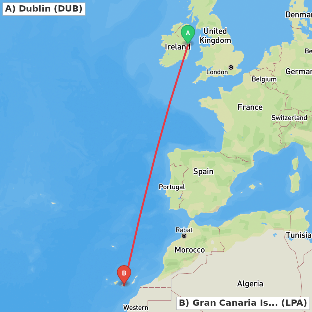Flight route map from Dublin to Gran Canaria Island