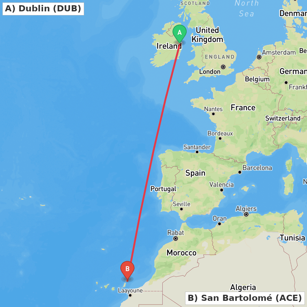 Flight route map from Dublin to San Bartolomé