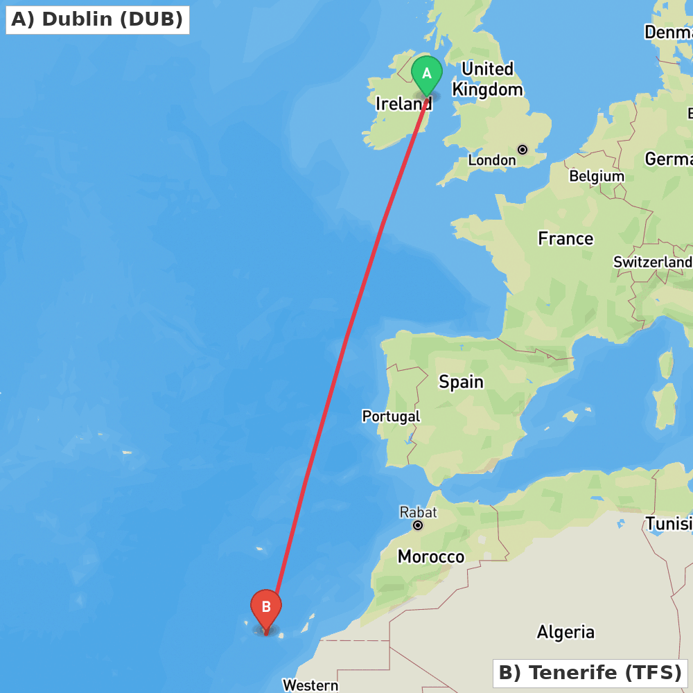 Flight route map from Dublin to Tenerife