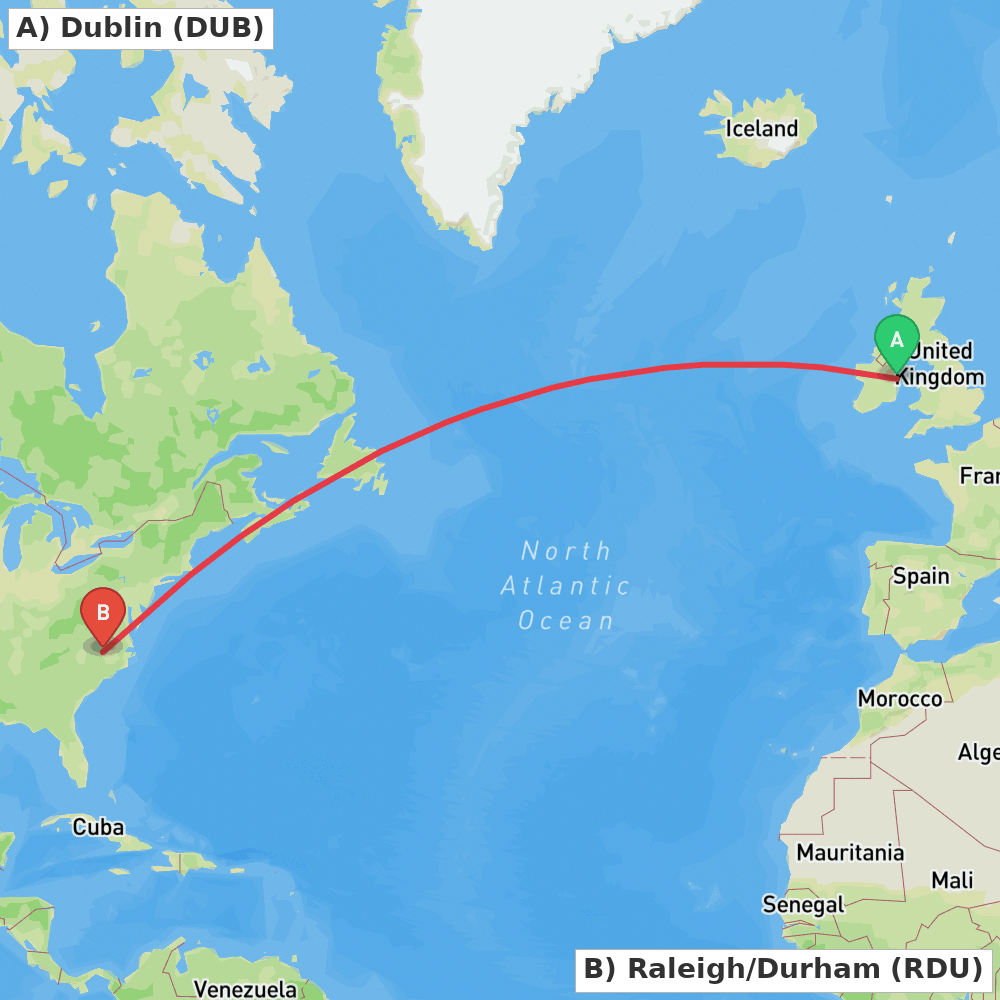 Flight route map from Dublin to Raleigh/Durham