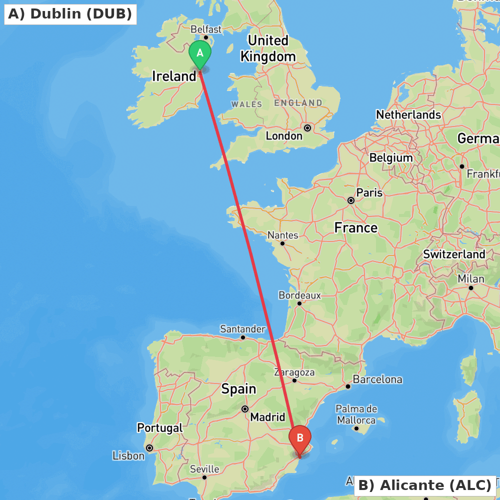 Flight route map from Dublin to Alicante