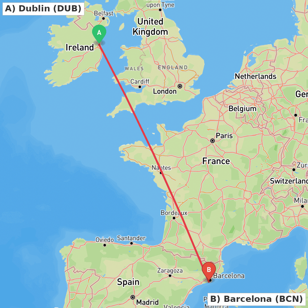 Flight route map from Dublin to Barcelona