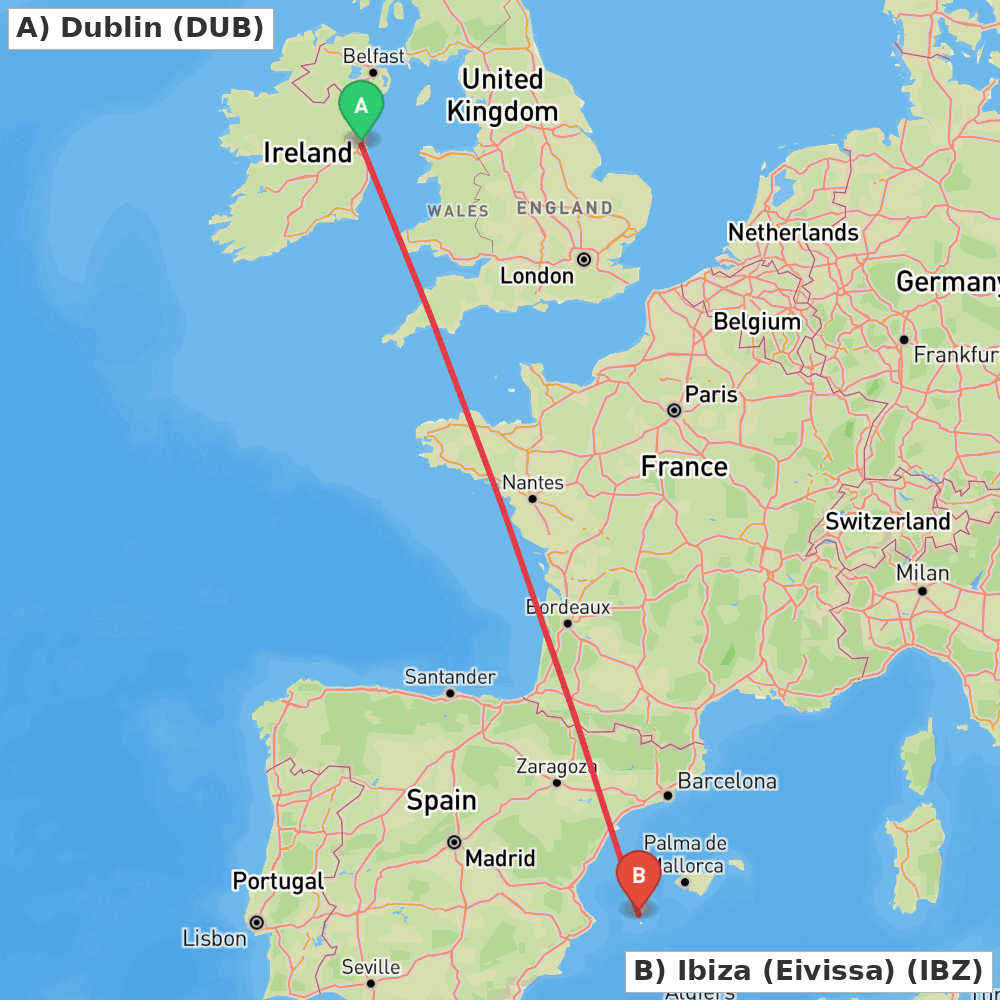 Flight route map from Dublin to Ibiza (Eivissa)