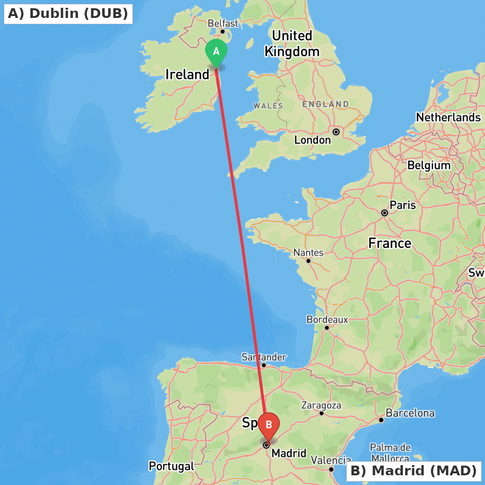 Flight route map from Dublin to Madrid