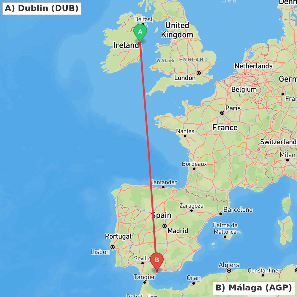 Flight route map from Dublin to Málaga
