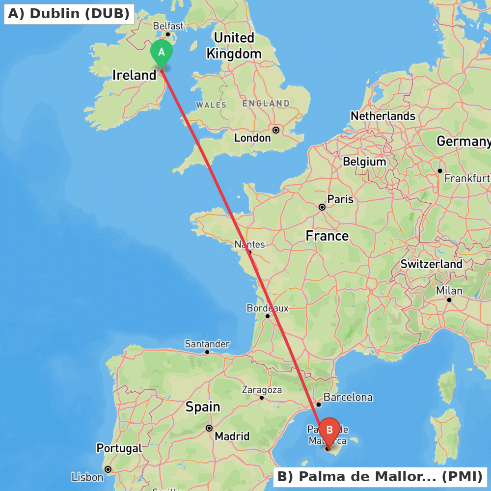 Flight route map from Dublin to Palma de Mallorca