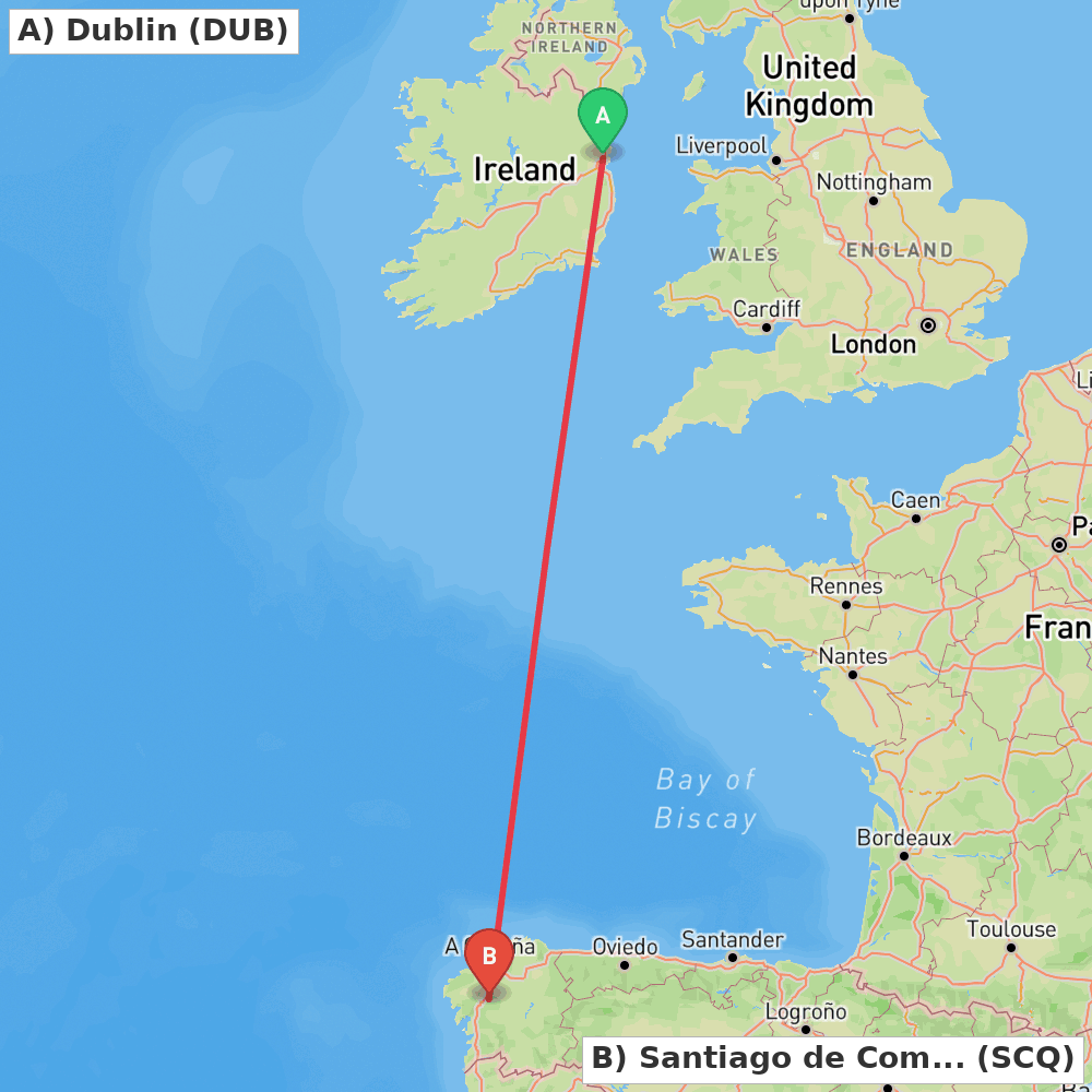 Flight route map from Dublin to Santiago de Compostela