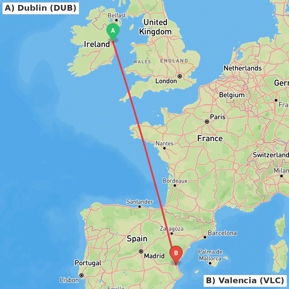 Flight route map from Dublin to Valencia