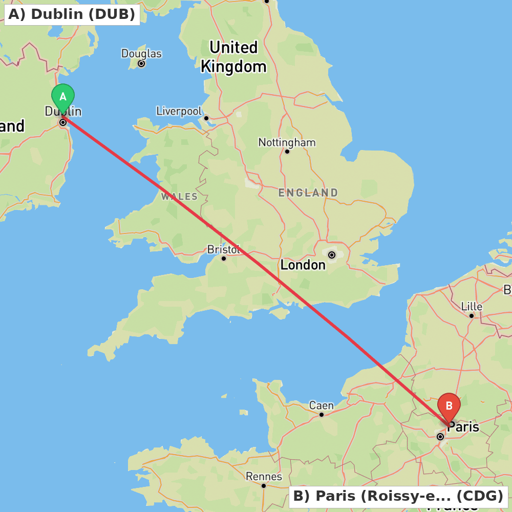 Flight route map from Dublin to Paris (Roissy-en-France, Val-d'Oise)