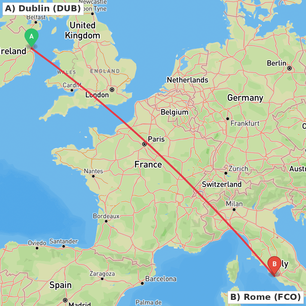 Flight route map from Dublin to Rome