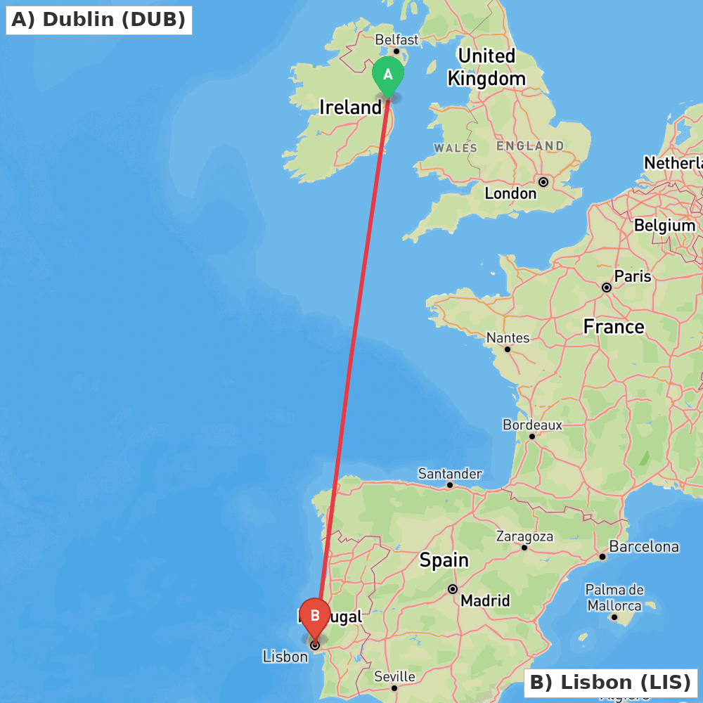 Flight route map from Dublin to Lisbon