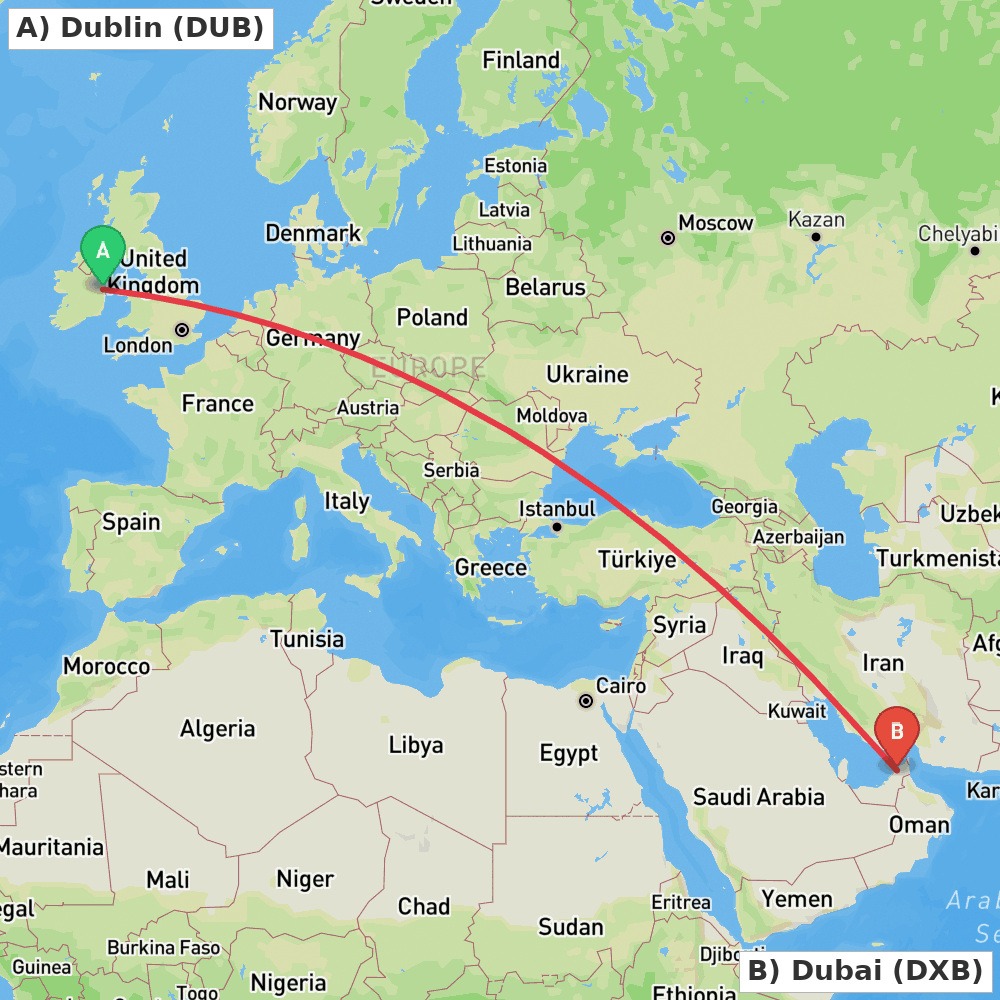 Flight route map from Dublin to Dubai