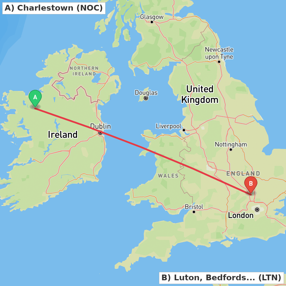 Flight route map from Charlestown to Luton, Bedfordshire