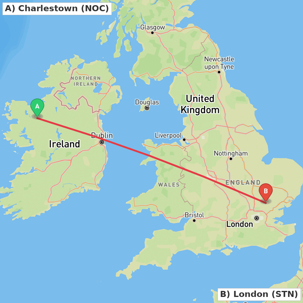 Flight route map from Charlestown to London
