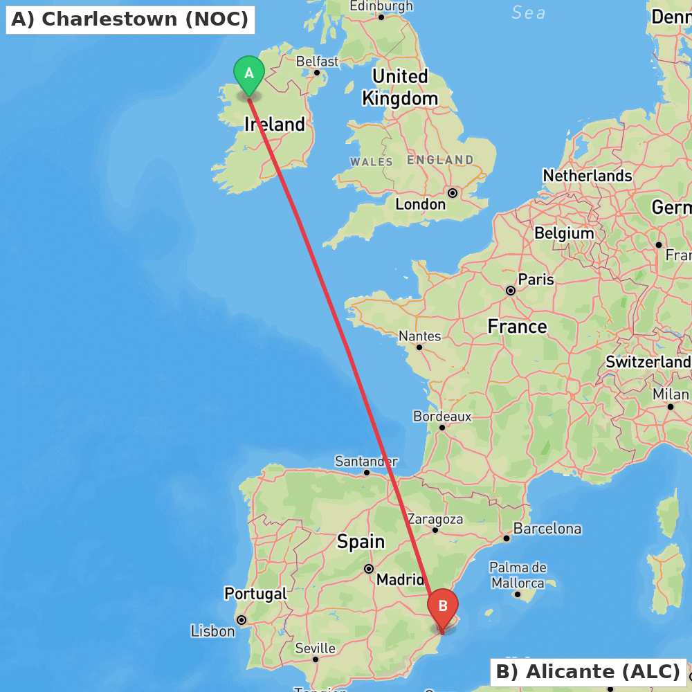 Flight route map from Charlestown to Alicante