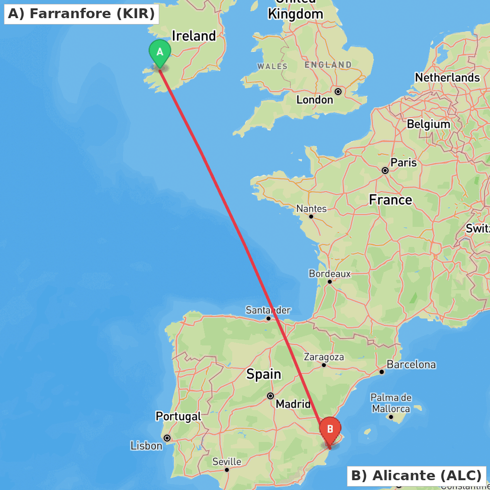 Flight route map from Farranfore to Alicante