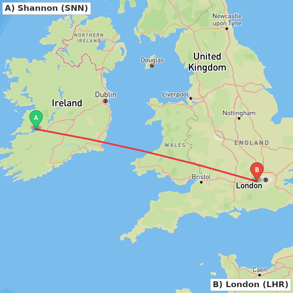 Flight route map from Shannon to London
