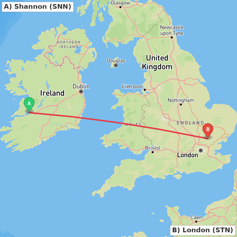 Flight route map from Shannon to London