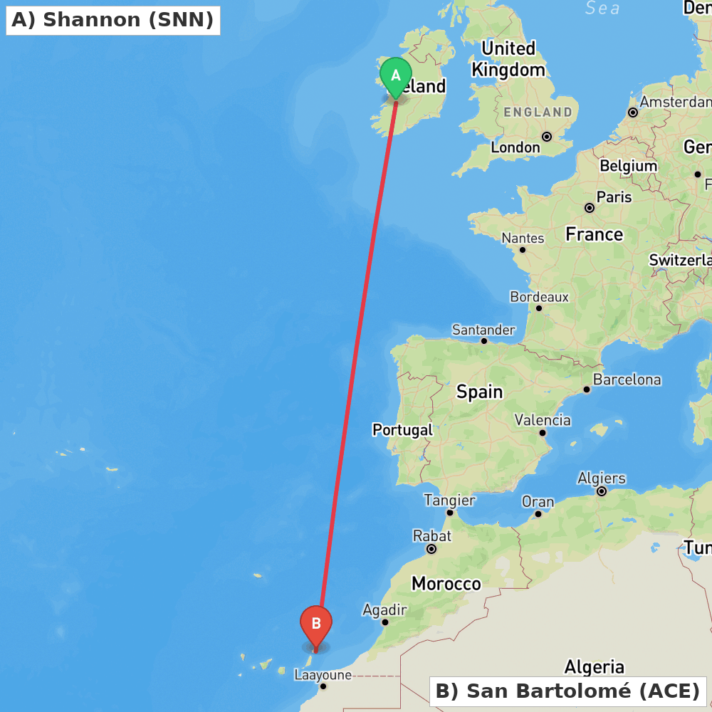 Flight route map from Shannon to San Bartolomé