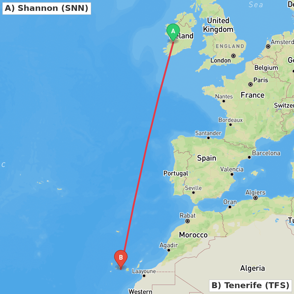Flight route map from Shannon to Tenerife