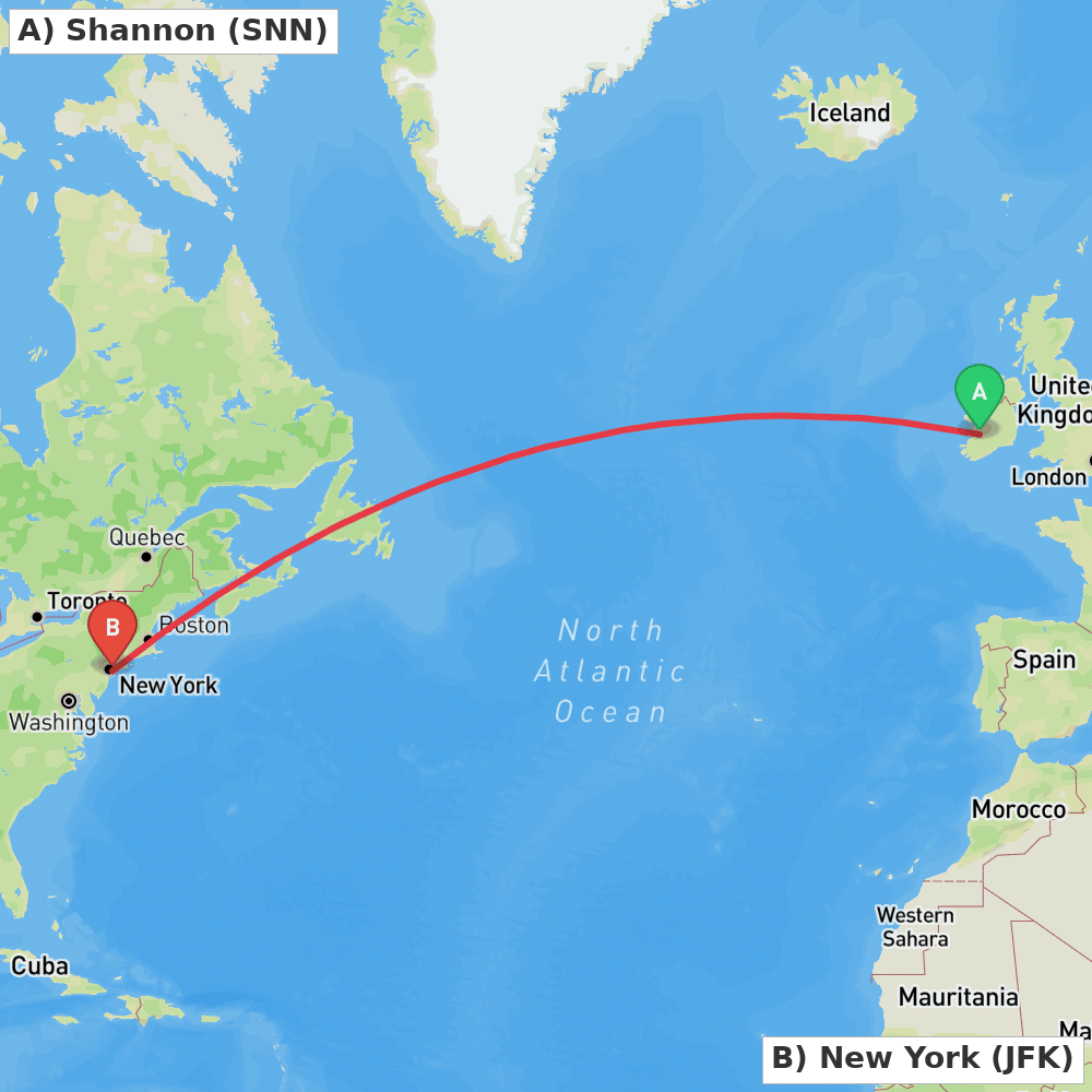 Flight route map from Shannon to New York