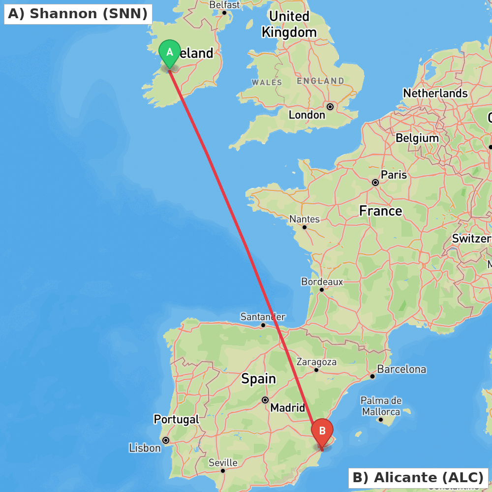 Flight route map from Shannon to Alicante