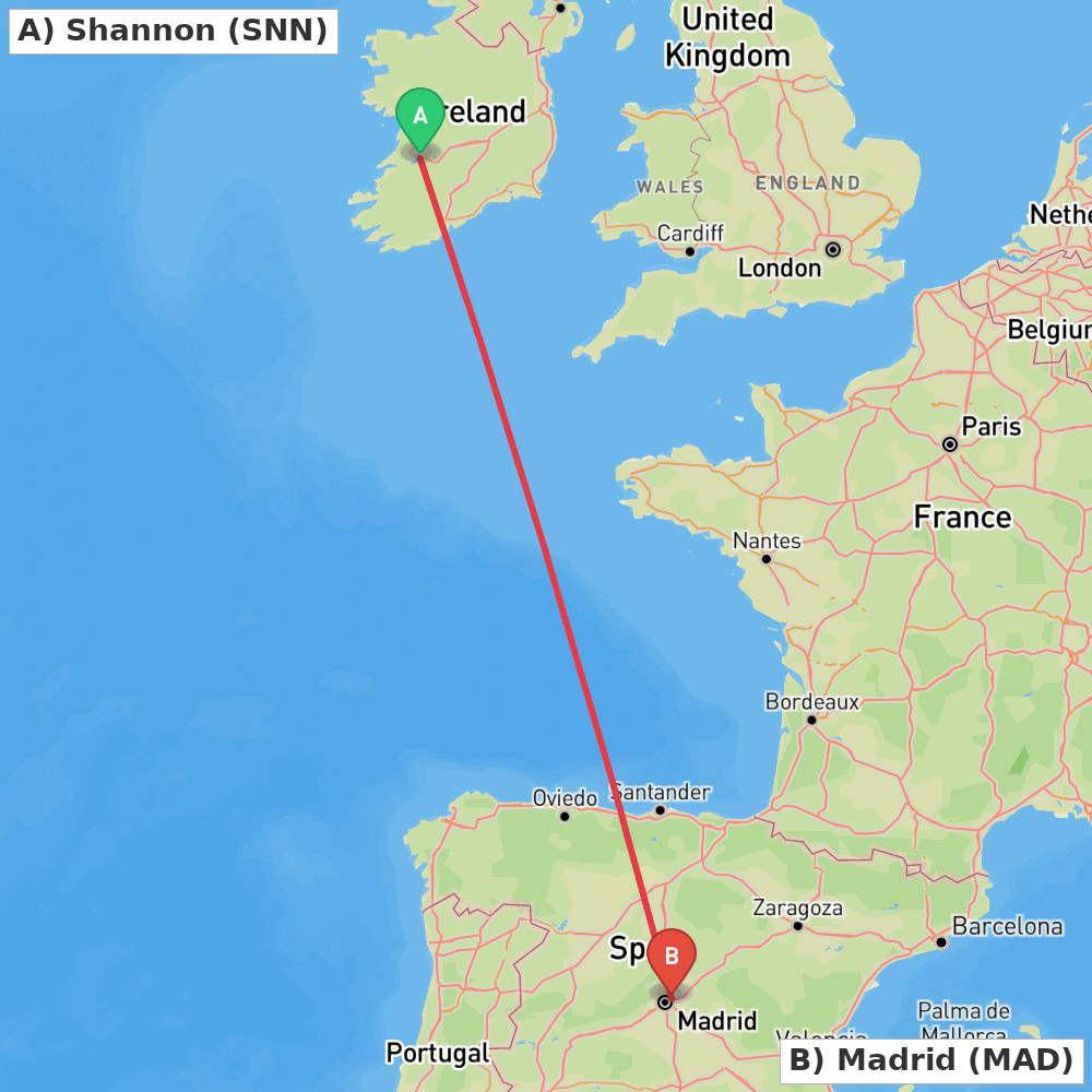 Flight route map from Shannon to Madrid