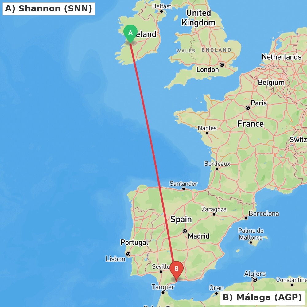 Flight route map from Shannon to Málaga