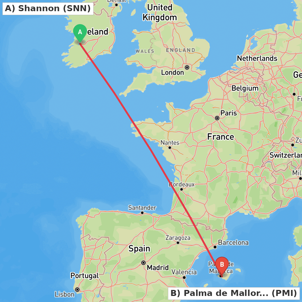 Flight route map from Shannon to Palma de Mallorca