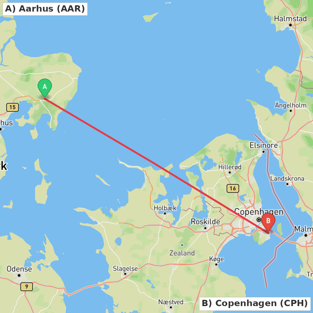 Flight route map from Aarhus to Copenhagen