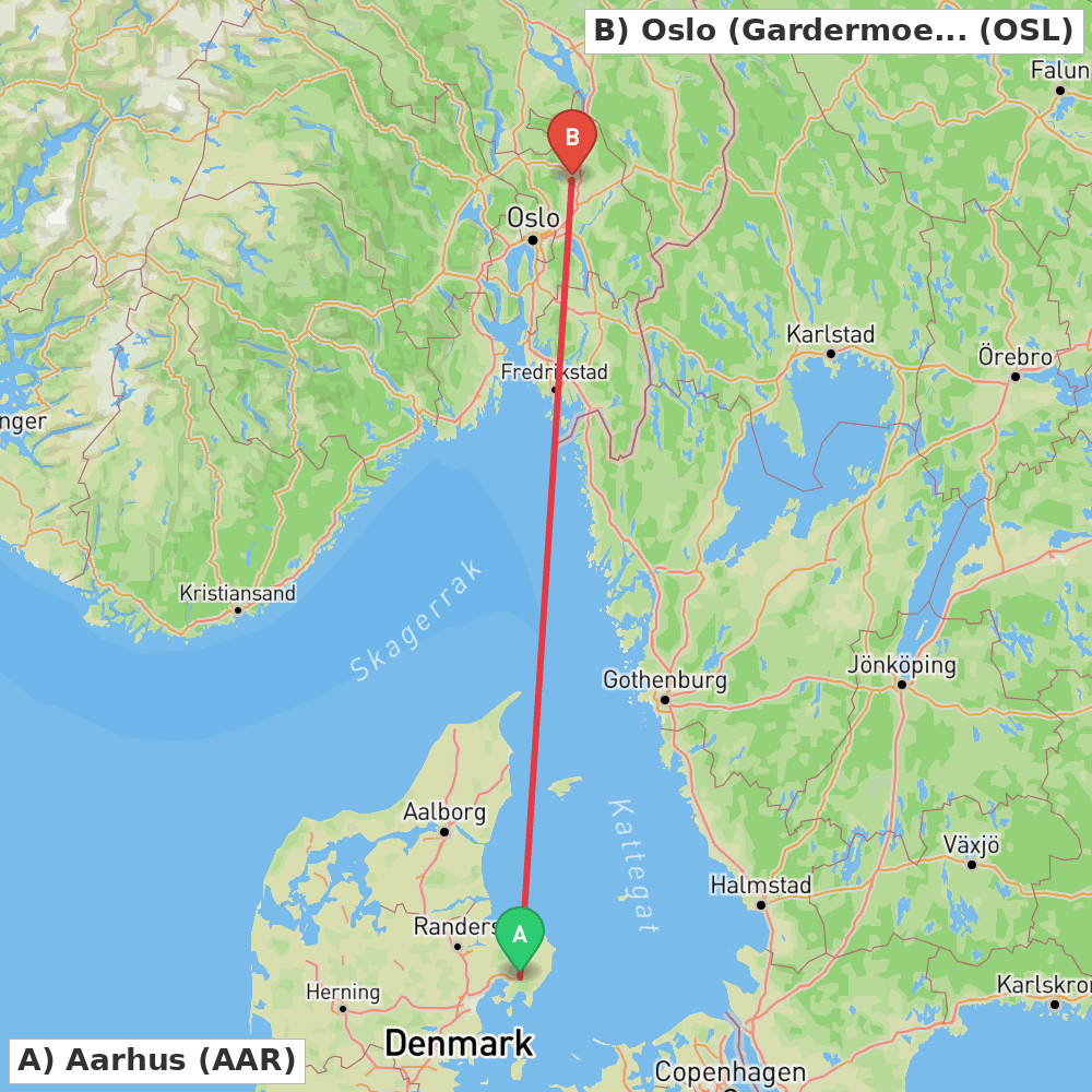 Flight route map from Aarhus to Oslo (Gardermoen)