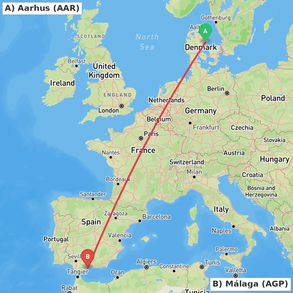 Flight route map from Aarhus to Málaga