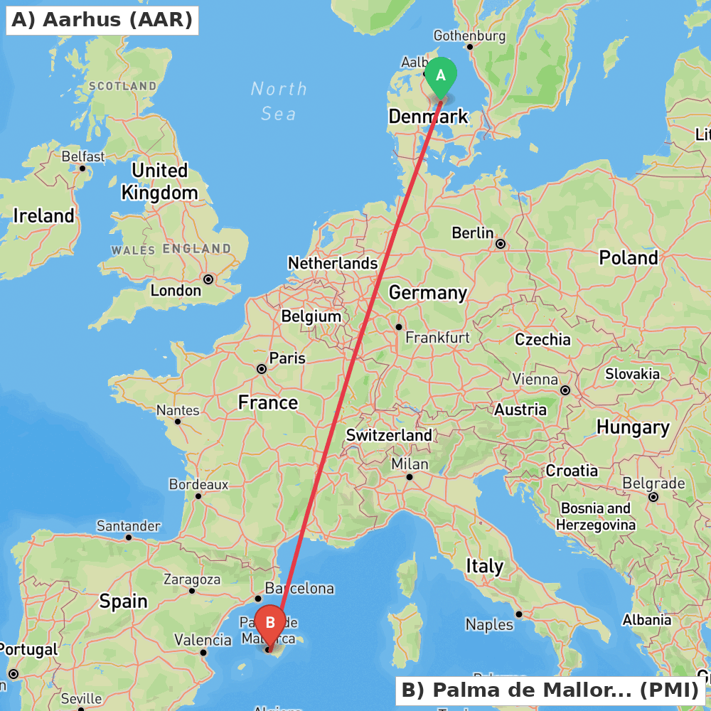Flight route map from Aarhus to Palma de Mallorca