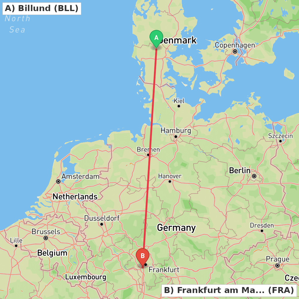 Flight route map from Billund to Frankfurt am Main
