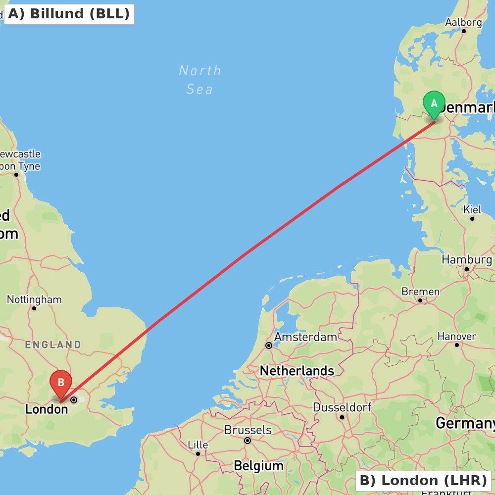 Flight route map from Billund to London