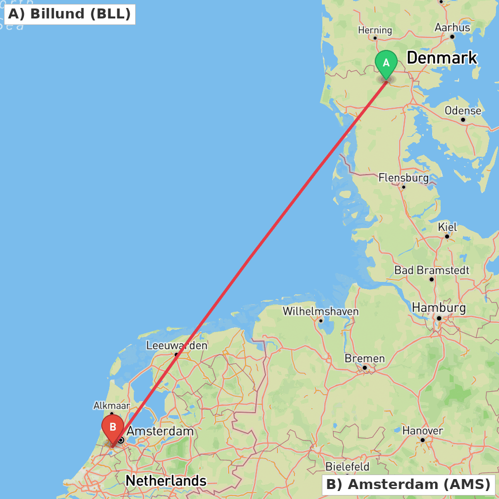 Flight route map from Billund to Amsterdam