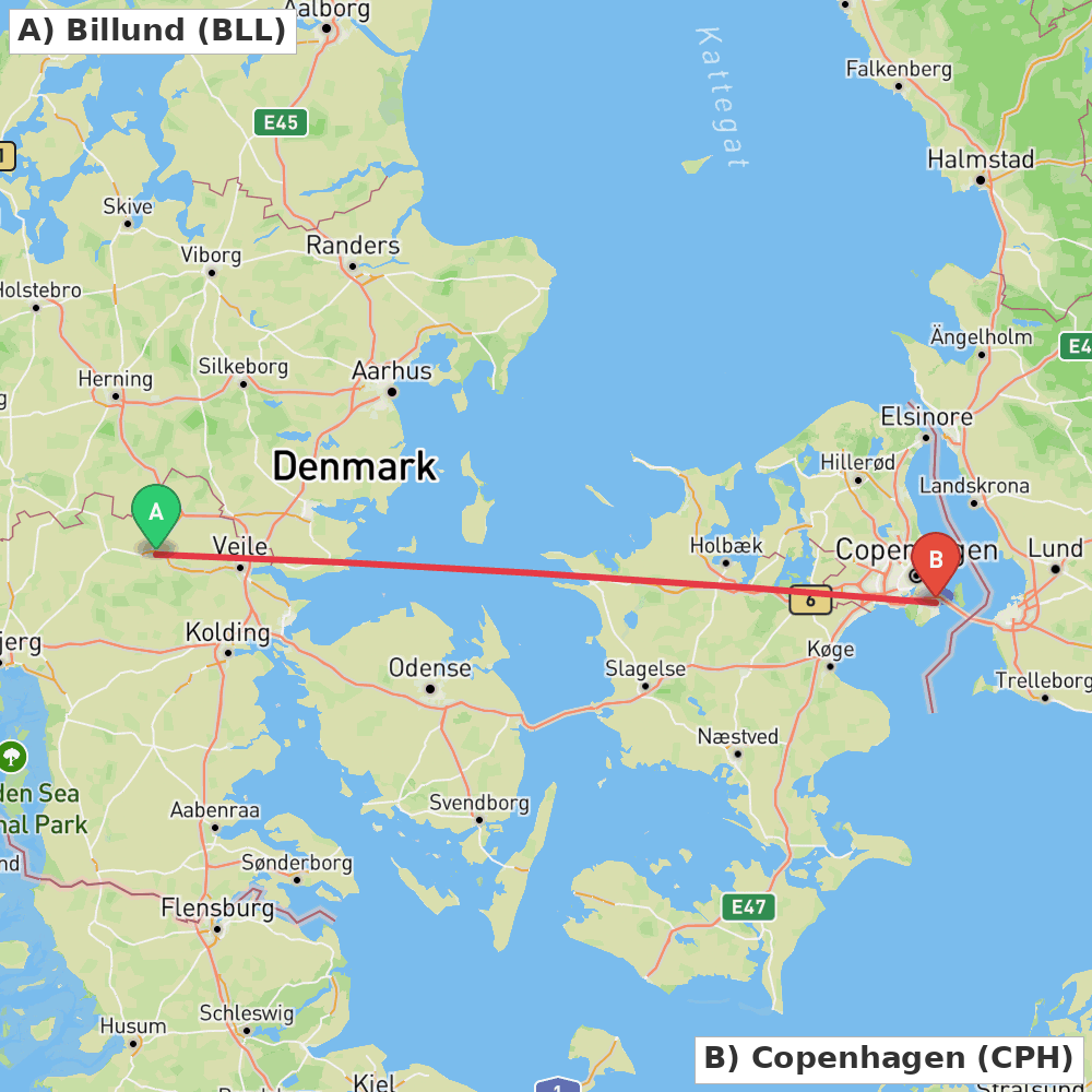 Flight route map from Billund to Copenhagen