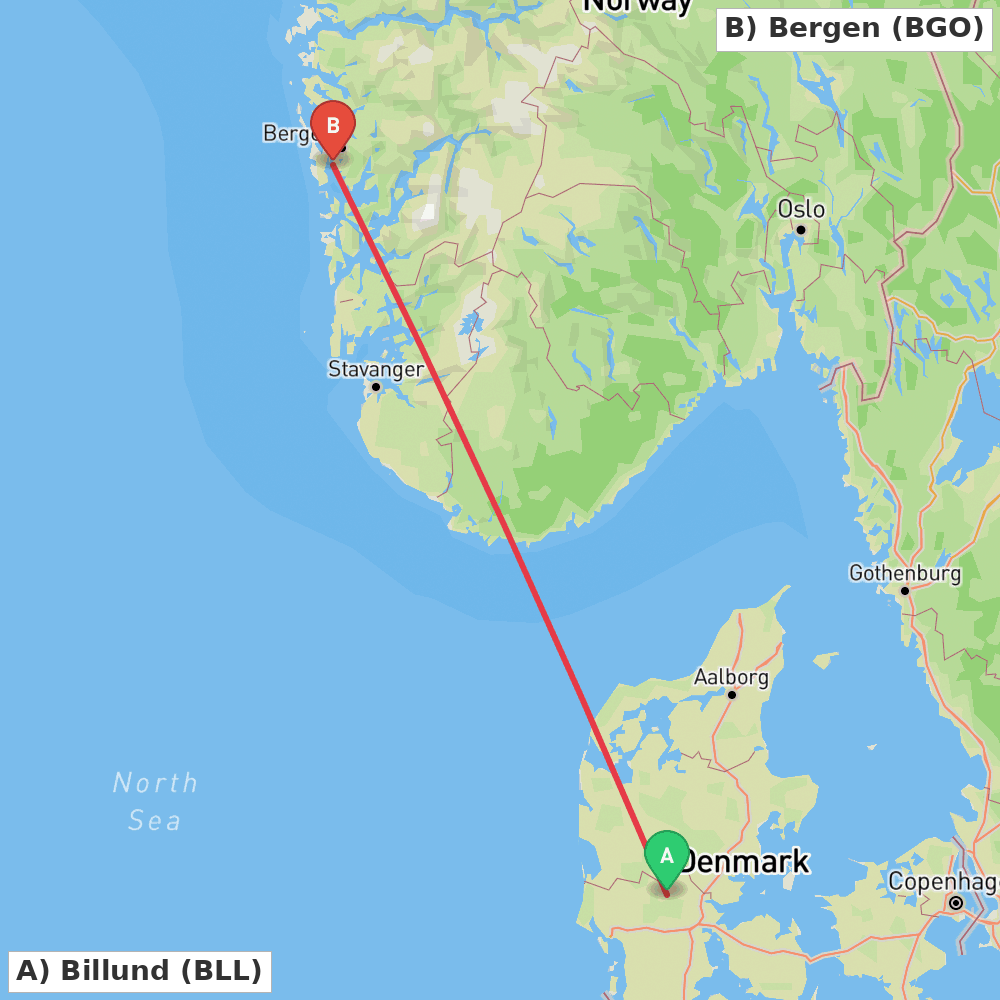 Flight route map from Billund to Bergen