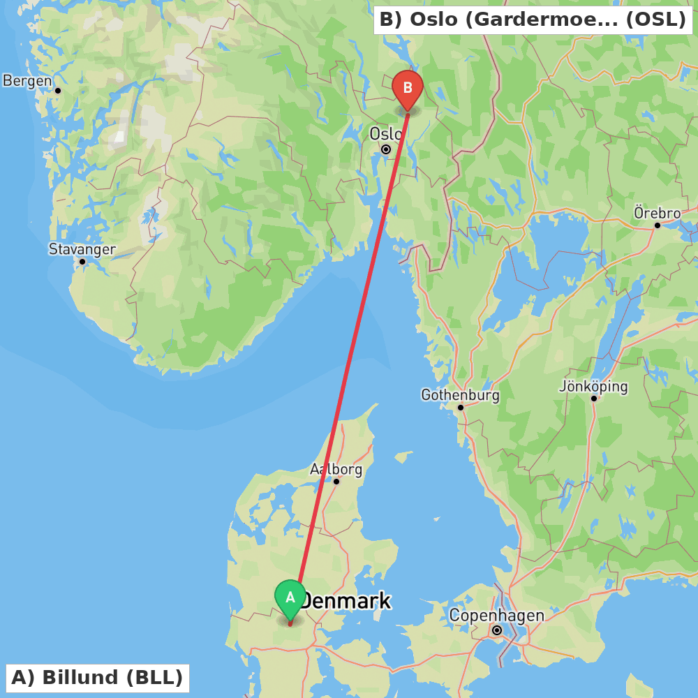 Flight route map from Billund to Oslo (Gardermoen)