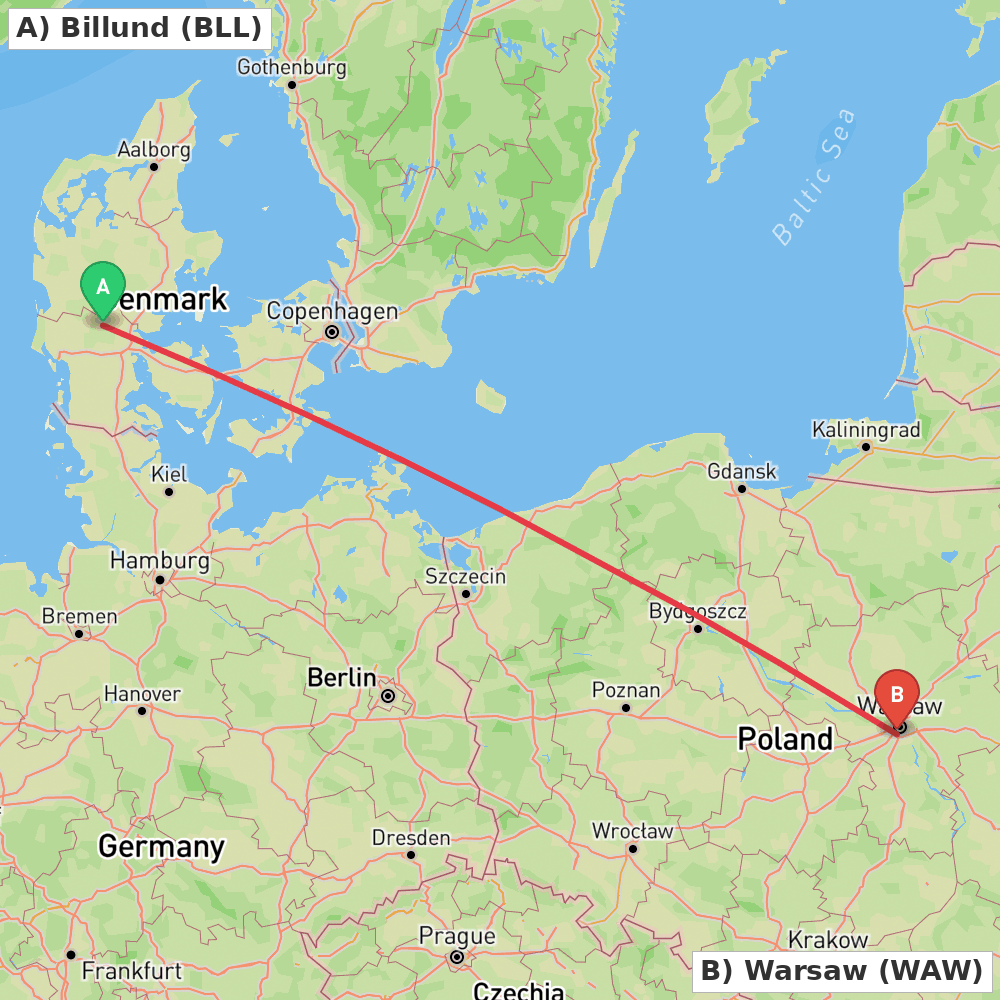 Flight route map from Billund to Warsaw