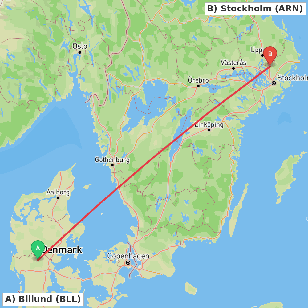 Flight route map from Billund to Stockholm