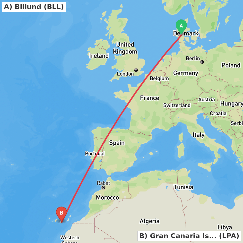 Flight route map from Billund to Gran Canaria Island